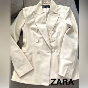 ZARA. Cream Double-Breasted Faux Leather Blazer - Size S - NEW